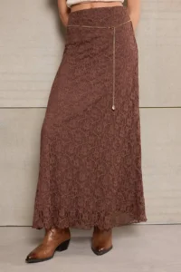 TRENDYOLMİLLA Teen Dark Brown A-Kesim/Life Form Arched Regular Waist Maxi Lace Knitting Skirt - Image 3