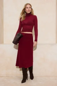 TRENDYOLMİLLA Burgundy A-Kesim/Life Form Shirred Regular Waist Flexible Knitting Skirt