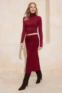 TRENDYOLMİLLA Burgundy A-Kesim/Life Form Shirred Regular Waist Flexible Knitting Skirt - Image 2