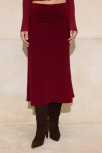 TRENDYOLMİLLA Burgundy A-Kesim/Life Form Shirred Regular Waist Flexible Knitting Skirt - Image 3