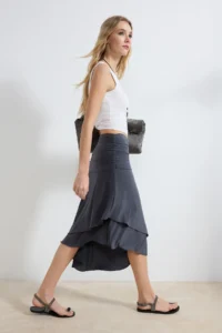 TRENDYOLMİLLA Anthracite skater Asymmetric Frilly High Waist Midi Flexible Knitting Skirt - Image 2