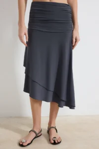 TRENDYOLMİLLA Anthracite skater Asymmetric Frilly High Waist Midi Flexible Knitting Skirt - Image 3