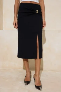 TRENDYOLMİLLA Black Pen Accessory Detailed Regular Waist Midi Scuba Crepe Knitting Skirt