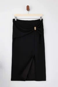 TRENDYOLMİLLA Black Pen Accessory Detailed Regular Waist Midi Scuba Crepe Knitting Skirt - Image 5
