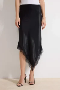 TRENDYOLMiLLA Black Asymmetric Kesim Lace Detailed Weaving Satin Midi Skirt - Image 2