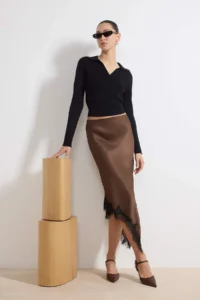 TRENDYOLMiLLA Dark Brown Asymmetric Kesim Lace Detailed Weaving Satin Midi Skirt