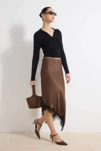 TRENDYOLMiLLA Dark Brown Asymmetric Kesim Lace Detailed Weaving Satin Midi Skirt - Image 2