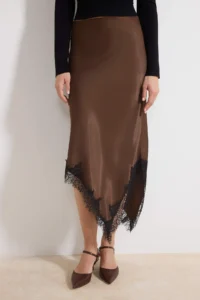 TRENDYOLMiLLA Dark Brown Asymmetric Kesim Lace Detailed Weaving Satin Midi Skirt - Image 3