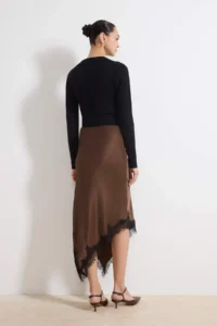 TRENDYOLMiLLA Dark Brown Asymmetric Kesim Lace Detailed Weaving Satin Midi Skirt - Image 4