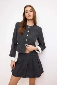 TRENDYOLMiLLA Anthracite Checkered Leather Accessory Detailed pleated Mini Skirt - Image 2