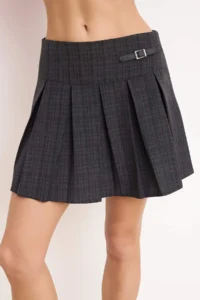 TRENDYOLMiLLA Anthracite Checkered Leather Accessory Detailed pleated Mini Skirt - Image 3