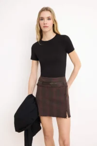 TRENDYOLMiLLA Burgundy Brown A-line/Life Pattern Thin Arched Checkered Weaving Mini Skirt