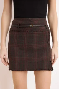 TRENDYOLMiLLA Burgundy Brown A-line/Life Pattern Thin Arched Checkered Weaving Mini Skirt - Image 3