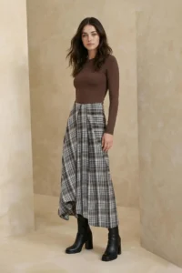 TRENDYOLMiLLA Brown-Multicolored Asymmetric Detailed Plaid LONG Maxi Skirt