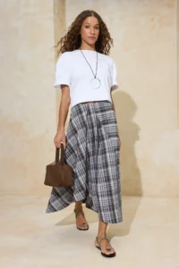 TRENDYOLMiLLA Brown-Multicolored Asymmetric Detailed Plaid LONG Maxi Skirt - Image 2