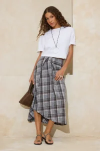 TRENDYOLMiLLA Brown-Multicolored Asymmetric Detailed Plaid LONG Maxi Skirt - Image 3