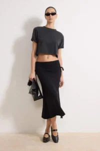 TRENDYOLMİLLA Black skater Shirred Regular Waist Cotton Rib Knitting Skirt