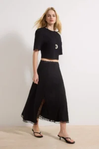 TRENDYOLMİLLA Black skater Lace Detailed Regular Waist interlock Knitting Skirt - Image 2