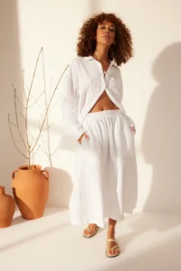 TRENDYOLMiLLA White 100% Linen Elastic Waist Midi Skirt  Skirt