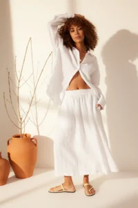 TRENDYOLMiLLA White 100% Linen Elastic Waist Midi Skirt  Skirt - Image 2