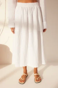 TRENDYOLMiLLA White 100% Linen Elastic Waist Midi Skirt  Skirt - Image 3