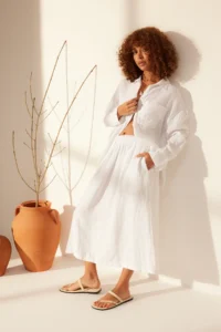TRENDYOLMiLLA White 100% Linen Elastic Waist Midi Skirt  Skirt - Image 4