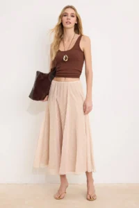 TRENDYOLMİLLA Beige Checkered Lined Siphon Maxi Asymmetric Skirt