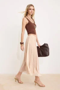 TRENDYOLMİLLA Beige Checkered Lined Siphon Maxi Asymmetric Skirt - Image 2