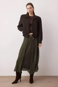 TRENDYOLMiLLA Khaki-Brown Checkered Lined Siphon Wrinkle Effect Maxi Asymmetric Skirt