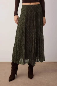 TRENDYOLMiLLA Khaki-Brown Checkered Lined Siphon Wrinkle Effect Maxi Asymmetric Skirt - Image 2