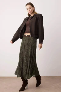 TRENDYOLMiLLA Khaki-Brown Checkered Lined Siphon Wrinkle Effect Maxi Asymmetric Skirt - Image 3