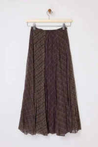 TRENDYOLMiLLA Khaki-Brown Checkered Lined Siphon Wrinkle Effect Maxi Asymmetric Skirt - Image 6