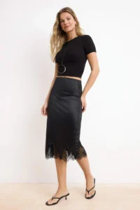 TRENDYOLMİLLA Black Fish Elastic Waist Lace Detailed Regular Waist Midi Satin Knitting Skirt - Image 2