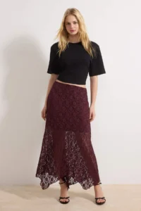 TRENDYOLMİLLA Plum Floral A-Kesim/Life Form Elastic Waist Regular Waist Maxi Lace Knitting Skirt