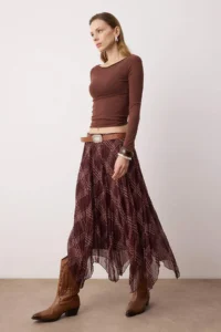 TRENDYOLMiLLA Brown Checkered Asymmetric Lined Siphon Wrinkled Weaving Asymmetric LONG Skirt
