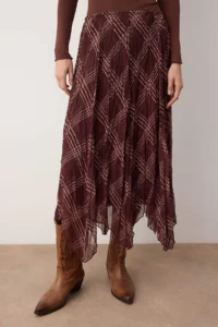TRENDYOLMiLLA Brown Checkered Asymmetric Lined Siphon Wrinkled Weaving Asymmetric LONG Skirt - Image 3