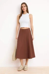 TRENDYOLMiLLA Brown Stitching Detailed 100% Cotton Godeli Midi Skirt - Image 2