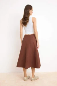TRENDYOLMiLLA Brown Stitching Detailed 100% Cotton Godeli Midi Skirt - Image 4