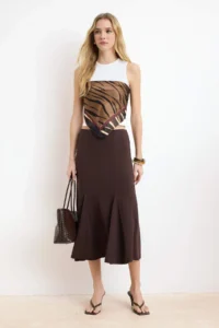 TRENDYOLMİLLA Brown A-Kesim/Life Form High Waist Midi Flexible Knitting Skirt