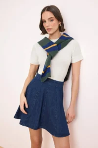 TRENDYOLMiLLA Dark Blue with flywheel 100% Cotton Mini denim Skirt - Image 2