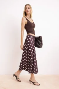 TRENDYOLMİLLA Brown Polka Dot A-Kesim/Life Form High Waist Satin Knitting Skirt - Image 2