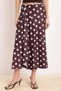 TRENDYOLMİLLA Brown Polka Dot A-Kesim/Life Form High Waist Satin Knitting Skirt - Image 3