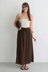 TRENDYOLMİLLA Dark Brown Modal Elastic Waist LONG Maxi Skirt