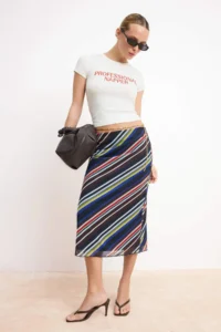 TRENDYOLMİLLA Multicolored gradient Pen High Waist Tulle Knitting Skirt - Image 2