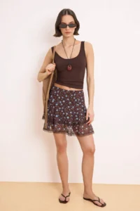 TRENDYOLMİLLA Multicolored Floral skater Lace Detailed Regular Waist Mini Tulle Knitting Skirt - Image 2