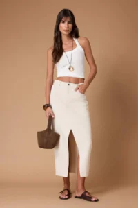 TRENDYOLMiLLA Ecru Draped slit 100% Cotton Midi denim Skirt