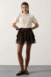 TRENDYOLMİLLA Brown Arched Frilly Lace Detailed Mini Skirt - Image 2