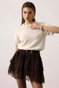 TRENDYOLMİLLA Brown Arched Frilly Lace Detailed Mini Skirt - Image 4