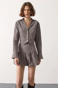 TRENDYOLMİLLA Brown-Multicolored Mini Checkered Arched Balloon Skirt