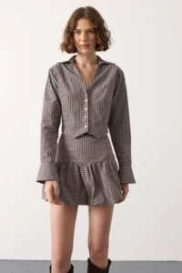TRENDYOLMİLLA Brown-Multicolored Mini Checkered Arched Balloon Skirt - Image 3